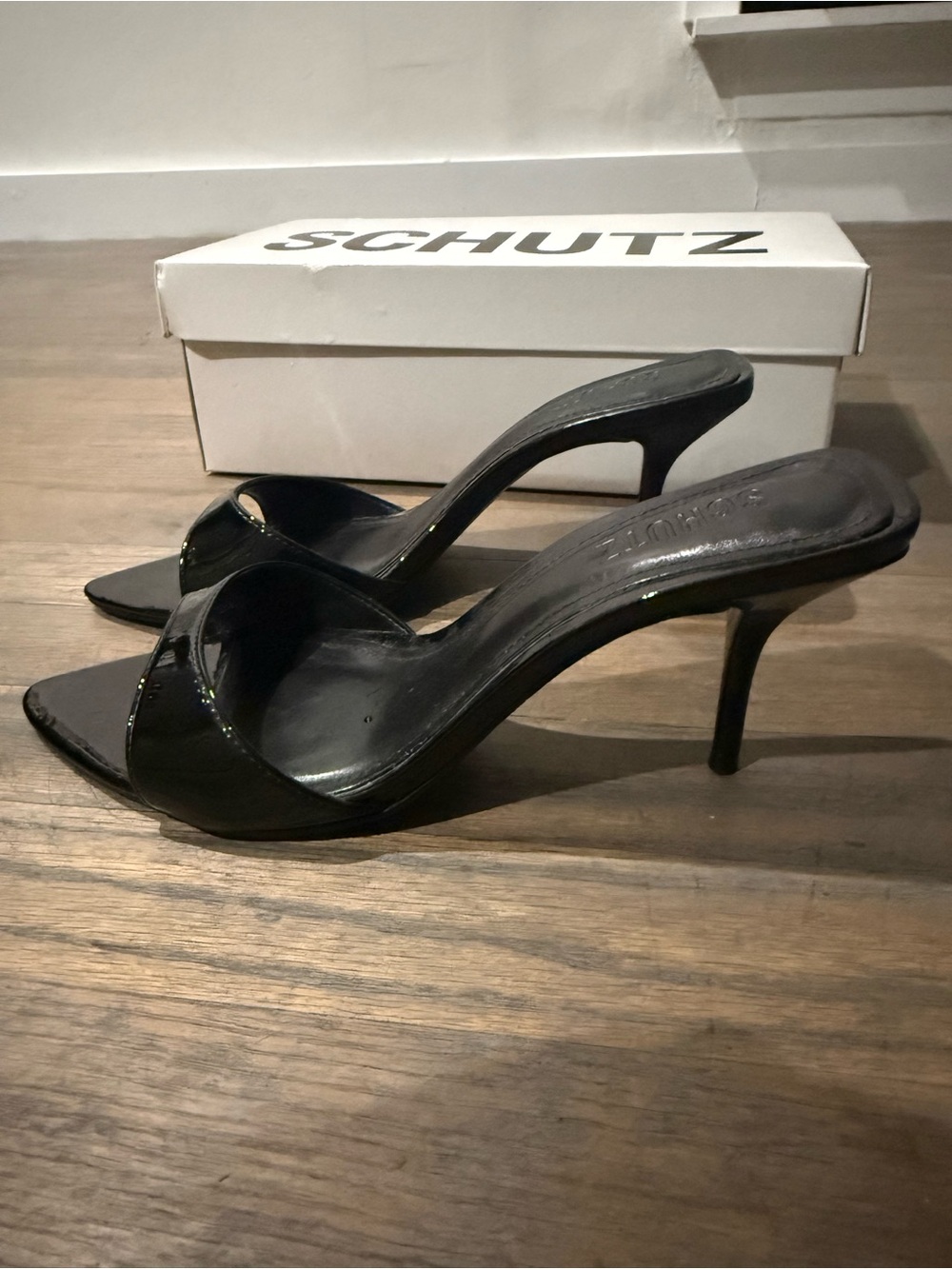 SCHUTZ Black Patent Open-Toe Slide Heels